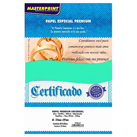 PAPEL OFFSET OPALINE LISO DIPLOMATA VERDE A4 180G MASTERPRINT 50 FOLHAS