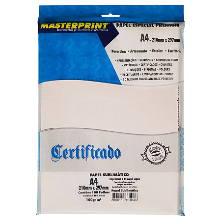 PAPEL SUBLIMÁTICO FOSCO BRANCO A4 100G MASTERPRINT 100 FOLHAS
