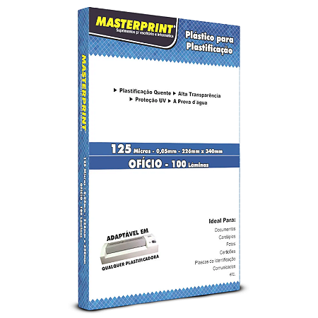 PLÁSTICO PARA PLASTIFICAÇÃO 125 MICRAS 0,05MM 226X340MM MASTERPRINT 100 LÂMINAS