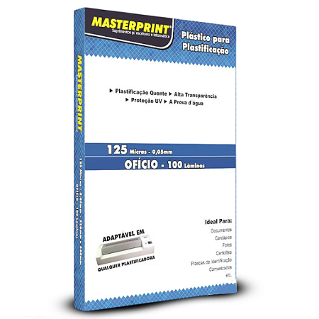 PLÁSTICO PARA PLASTIFICAÇÃO 125 MICRAS 0,05MM 66MMx99MM MASTERPRINT 100 LÂMINAS