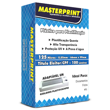 PLÁSTICO PARA PLASTIFICAÇÃO 125 MICRAS 0,05MM 66x99MM MASTERPRINT 100 LÂMINAS