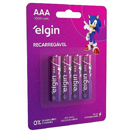 PILHA ALCALINA ELGIN AAA 1000MAH RECARREGAVEL 1.2V COM 4 UNIDADES