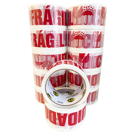 Kit 50 Fitas Adesivas Cuidado Frágil 48mm x 45m Fundo Branco Full Tape