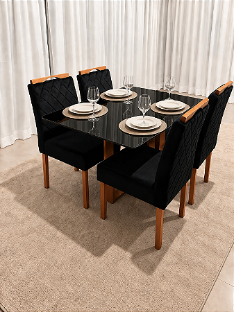 Mesa de Jantar Larissa 120x90 Vidro Preto/Base Madeira + 4 Cad. Tula Dupla - Veludo Preto