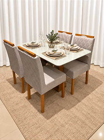 Mesa de Jantar Larissa 120x90 Vidro OffWhite/Base Madeira + 4 Cad. Tula Dupla - Linho Cinza