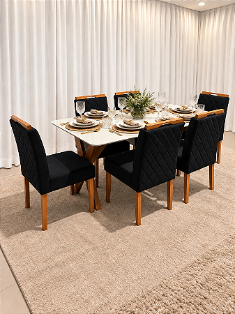 Mesa de Jantar Jasmine 160x90 Vidro Off/Base Madeira + 6 Cad. Tula Dupla - Veludo Preto