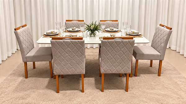 Mesa de Jantar Jasmine 160x90 Vidro Off/Base Madeira + 6 Cad. Tula Dupla - Linho Cinza