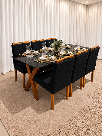 Mesa de Jantar Jasmine 180x90 Vidro Preto/Base Madeira + 6 Cad. Tula Dupla - Veludo Preto