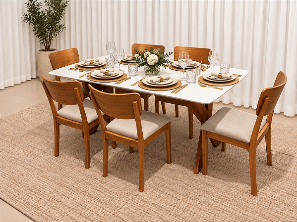 Mesa de Jantar Jasmine 160x90 Vidro Off/Base Madeira + 6 Cad. Luana Encosto de Madeira Maciça - Linho Bege