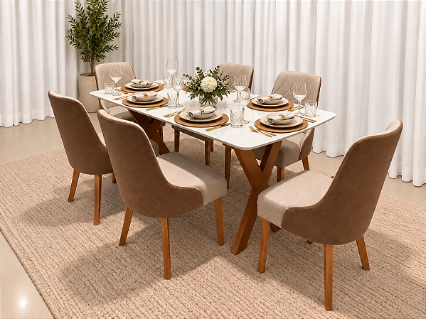 Mesa de Jantar Jasmine 160x90 Vidro Off/Base Madeira + 6 Cad. Luna Concha - Linho Bege com Corino