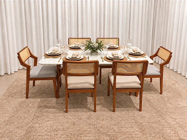 Mesa de Jantar Jasmine 180x90 Vidro Off/Base Madeira + 4 Cad. Tela Bruna Madeira Maciça - Linho Bege + 2 Cadeiras Madisson Linho Cinza