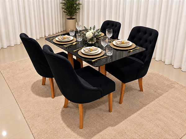 Mesa de Jantar Larissa 120x90 Vidro Preto/Base Madeira + 4 Cad. Concha Luna - Veludo Preto