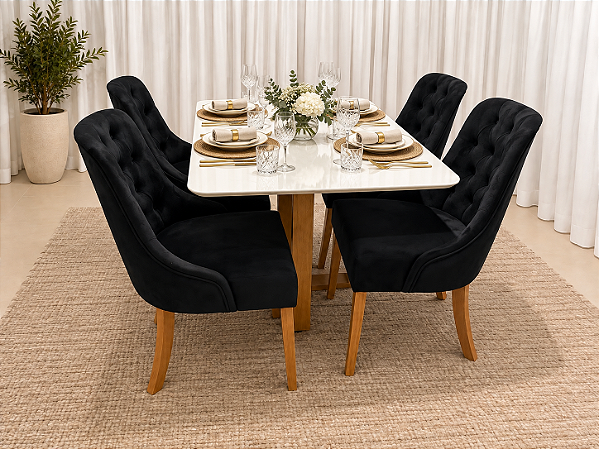 Mesa de Jantar Larissa 120x90 Vidro OffWhite/Base Madeira + 4 Cad. Concha Luna - Veludo Preto