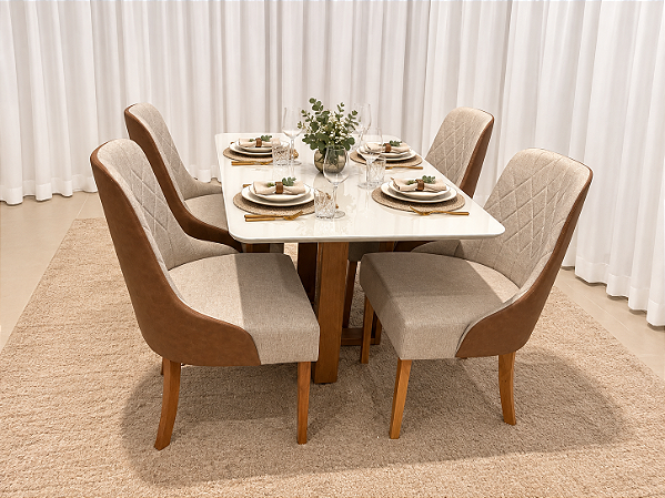 Mesa de Jantar Larissa 120x90 Vidro OffWhite/Base Madeira + 4 Cad. Concha Luna - Linho/Corino