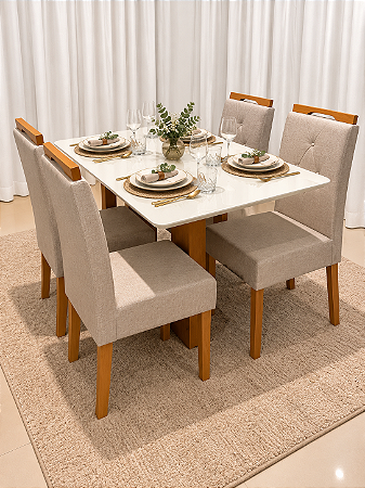 Mesa de Jantar Larissa 120x90 Vidro Off/Base Madeira + 4 Cad. Beth com Botão - Linho Bege