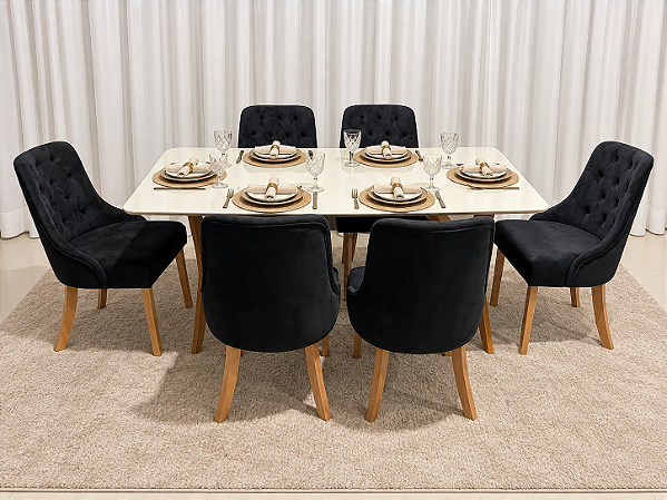 Mesa de Jantar Jasmine 160x90 Vidro Off/Base Madeira + 6 Cad. Luna Concha - Veludo Preto