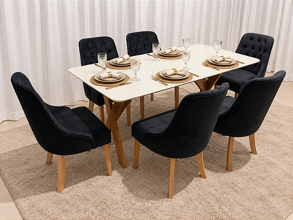 Mesa de Jantar Jasmine 180x90 Vidro Off/Base Madeira + 6 Cad. Luna Concha - Veludo Preto