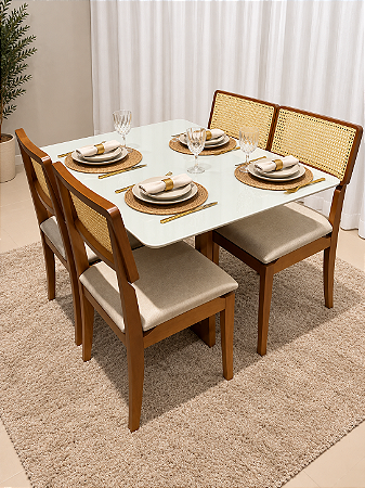 Mesa de Jantar San Marino 90x90 Vidro Off/Base Madeira + 4 Cad. Tela Bruna Madeira Maciça - Linho Bege