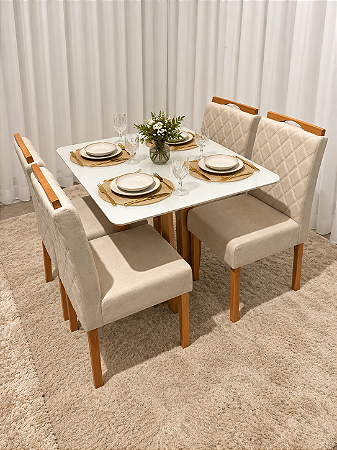 Mesa de Jantar San Marino 90x90 Vidro Off/Base Madeira + 4 Cad. Tula Dupla - Veludo Bege