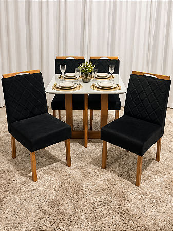 Mesa de Jantar San Marino 90x90 Vidro Off/Base Madeira + 4 Cad. Tula Dupla - Veludo Preto