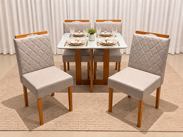 Mesa de Jantar San Marino 90x90 Vidro OffWhite/Base Madeira + 4 Cad. Tula Dupla - Linho Cinza