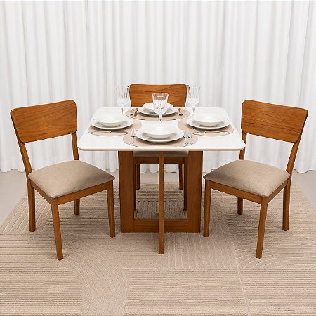 Mesa de Jantar San Marino 90x90 Vidro Off/Base Madeira + 4 Cad. Luana encosto Madeira Maciça - Linho Bege