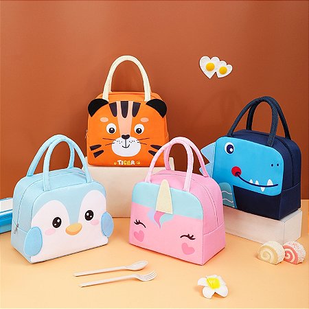 BOLSA TÉRMICA/LANCHEIRA INFANTIL com ALÇAS e ESTAMPAS de ANIMAIS em 3D