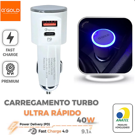 CARREGADOR USB VEICULAR 40W ULTRA RÁPIDO 9.1 A - 1 USB e 1 TIPO-C