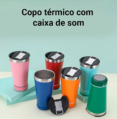 COPO TÉRMICO INOX com CAIXA de SOM BLUETOOTH e LED - 473 ml