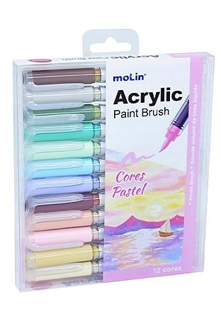Caneta Brush Acrylic 12 Cores Pasteis Molin