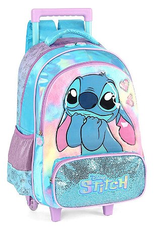 Mochila Infantil com Rodinha Stitch Azul G com Cetim e Pelúcia Luxcel