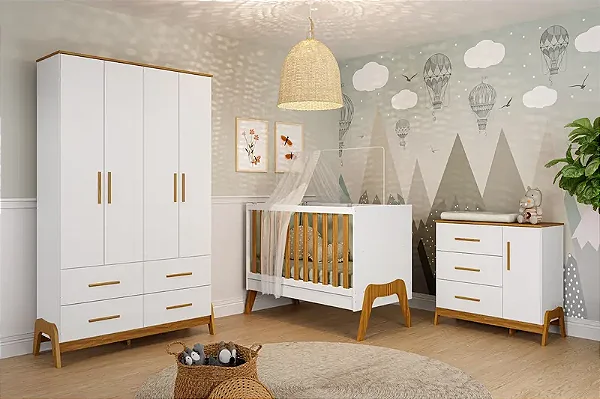 Jogo de Quarto de Bebe Guarda Roupa Berco e Comoda Peroba Gutti Branco com Menzo  100% MDF