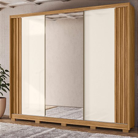 Roupeiro Moval Arizona 3 Portas de Correr com Espelho e 6 Gavetas e Pés