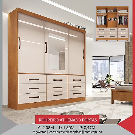 Roupeiro Biachi Athenas 3 Portas e 9 Gavetas com Pes
