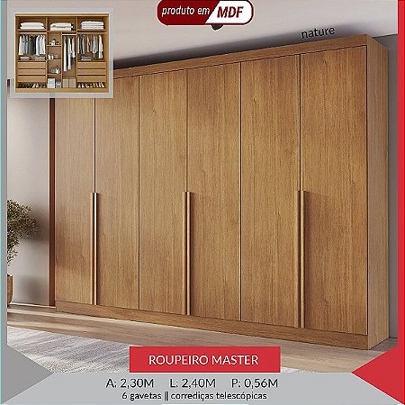 Roupeiro Bianchi Casal 100% MDF Master 6 Portas e 6 Gavetas com pes