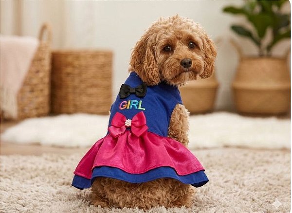 Vestido para Cães Girls Azul Royal com Rosa e Letras Bordadas -Gaby Moda Pet
