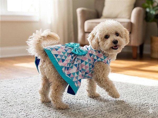 Vestido para Cães Sofi Cor Azul com Triângulos Multi Colors Laço Azul com Pedrarias Coloridas - Gaby Moda Pet