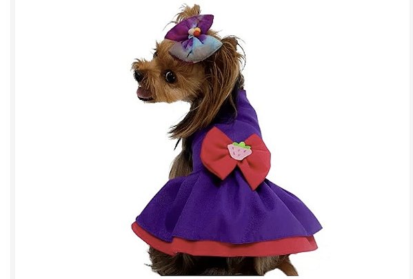 Vestido para Cães Moranguinho Cor Roxa com Rosa Laço Rosa com Moranguinho - Gaby Moda Pet