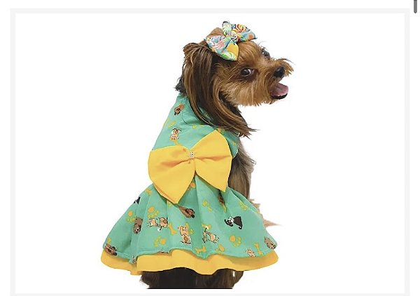 Vestido para  Cães Verde Doguinho com Laço Amarelo com Pérola - Gaby Moda Pet