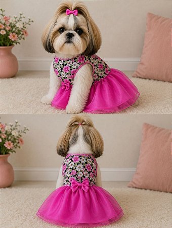 Vestido para Cães com Flowers Laço Rosa com Pérola - Gaby Moda Pet