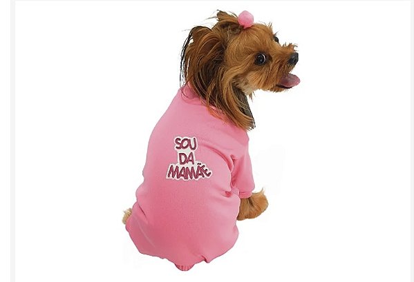 Pijama Macacão para Cachorro Inverno Moletom Rosa com descrição Sou da Mamãe Gaby Moda Pet