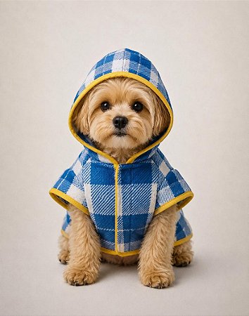 Roupa para Cães Inverno Blusão Soft Xadrez Azul e Nude com Detalhe Punho Amarelo com Capuz