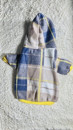 Roupa para Cães  Inverno Blusão Soft Xadrez Azul e Nude com Detalhe Punho Amarelo  com Capuz -Gaby Moda Pet
