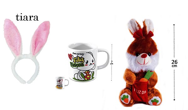 Kit Feliz Pascoa Coelho De Pelúcia Caneca De Porcelana 100ml e Tiara De Pelúcia