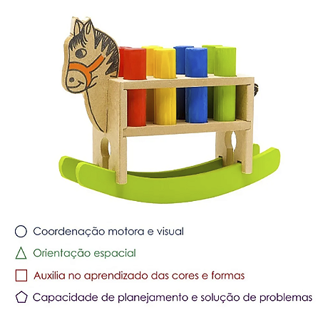 Cavalinho Pedagógico Balanço  Além de ser divertido por simular os movimentos de balançar é um brinquedo educativo, colorido, produzido em madeira e com pinos de encaixe.  Trabalha a coordenação motora e visual, orientação espacial, cores e formas, além d