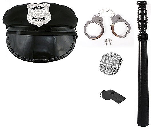 Kit Policia Quepe Algema Cassetete Distintivo Apito Fantasia