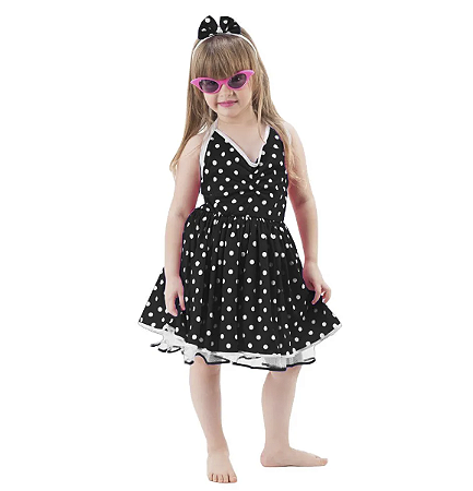 Fantasia Anos 60 Infantil Bolinha Com Tiara e Laço Enfeite De Pescoço