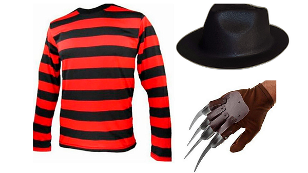 Fantasia Freedy Krueger Camisa Garra Chapéu Adulto Halloween