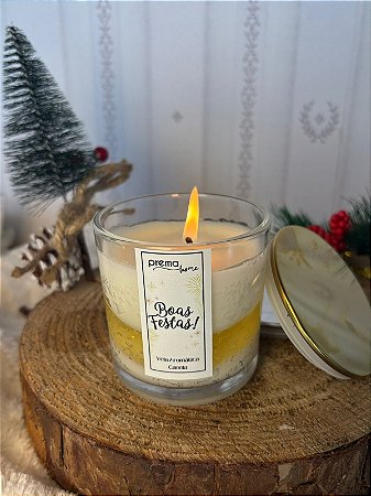 Vela aromática Boas Festas com tampa dourada e essência floresta
