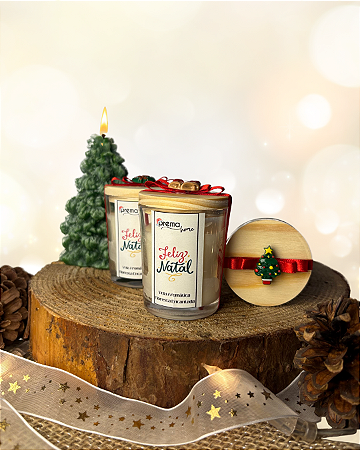 Vela aromática com tampa madeira, laço e enfeite. Natal
